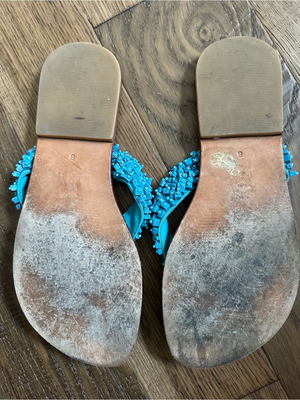 Skemo Beaded Shell Leather Thong Coastal Sandals Turquoise Boho Women’s Size 8 - Picture 4 of 4